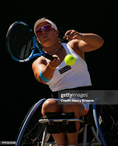 July 15: Lucy Shuker of Great Britain plays a shot during the womens doubles wheelchair final against Diede De Groot of The Netherlands and Yui...