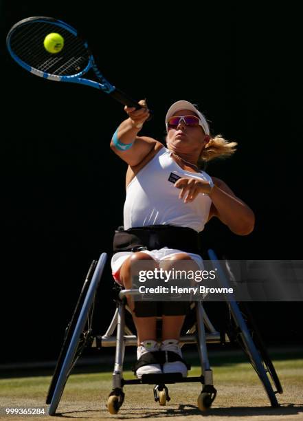 July 15: Lucy Shuker of Great Britain plays a shot during the womens doubles wheelchair final against Diede De Groot of The Netherlands and Yui...