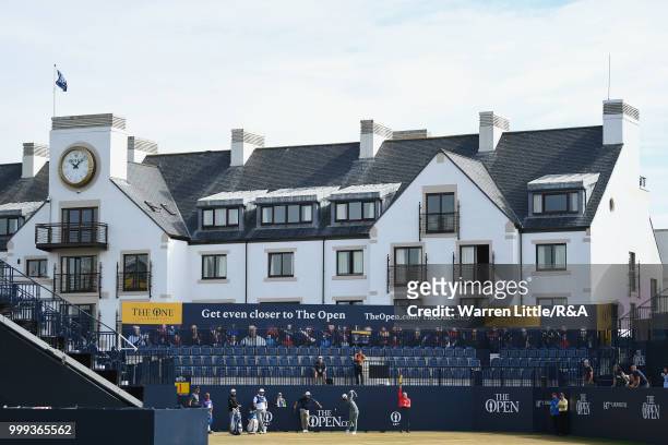 Tommy Fleetwood of England tees off at the first hole while practicing during previews to the 147th Open Championship at Carnoustie Golf Club on July...