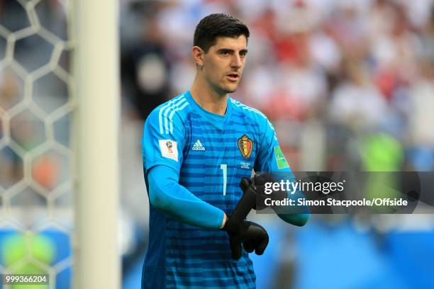 Belgium goalkeeper Thibaut Courtois straps up his gloves during the 2018 FIFA World Cup Russia 3rd Place Playoff match between Belgium and England at...