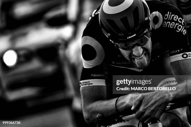 France's Fabien Grellier rides during a two-men breakaway in the eighth stage of the 105th edition of the Tour de France cycling race between Dreux...