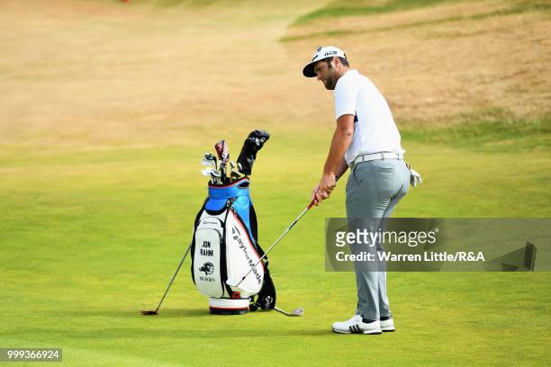 Jon Rahm of Spain is seen as he practices during previews to the 147th Open Championship at Carnoustie Golf Club on July 15, 2018 in Carnoustie,...