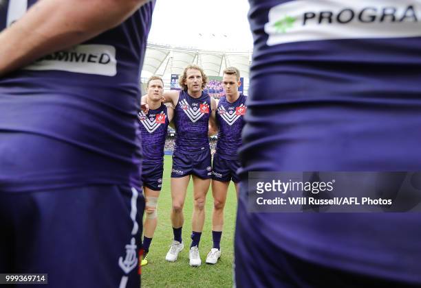 David Mundy of the Dockers speaks to the huddle at the start of the game during the round 17 AFL match between the Fremantle Dockers and the Port...