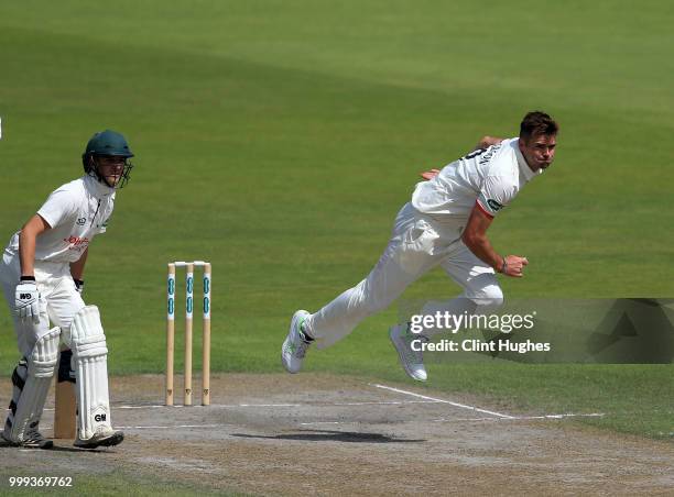 James Anderson of Lancashire Bowls during the Lancashire Second XI v Nottinghamshire Second XI match at Emirates Old Trafford on July 15, 2018 in...