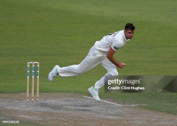 James Anderson of Lancashire Bowls during the Lancashire Second XI v Nottinghamshire Second XI match at Emirates Old Trafford on July 15, 2018 in...