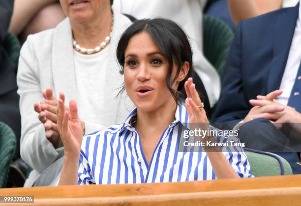 Meghan, Duchess of Sussex attends day twelve of the Wimbledon Tennis Championships at the All England Lawn Tennis and Croquet Club on July 14, 2018...