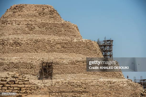 Picture taken on July 14, 2018 shows a view of the Djoser, or Zoser, step pyramid in the Saqqara necropolis, about 35 kms south of the Egyptian...