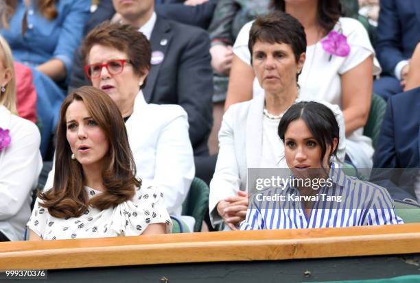 Catherine, Duchess of Cambridge and Meghan, Duchess of Sussex attend day twelve of the Wimbledon Tennis Championships at the All England Lawn Tennis...