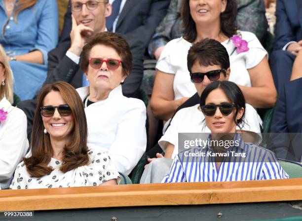 Catherine, Duchess of Cambridge and Meghan, Duchess of Sussex attend day twelve of the Wimbledon Tennis Championships at the All England Lawn Tennis...