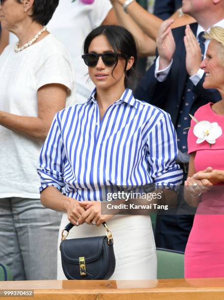 Meghan, Duchess of Sussex attends day twelve of the Wimbledon Tennis Championships at the All England Lawn Tennis and Croquet Club on July 14, 2018...