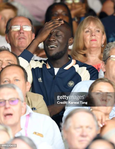 Stormzy attends day twelve of the Wimbledon Tennis Championships at the All England Lawn Tennis and Croquet Club on July 14, 2018 in London, England.
