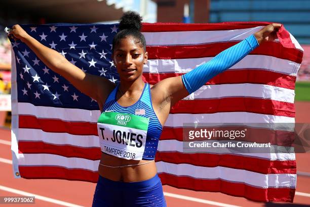 Tia Jones of The USA celebrates winning gold in the final of the women's 100m hurdles on day six of The IAAF World U20 Championships on July 15, 2018...