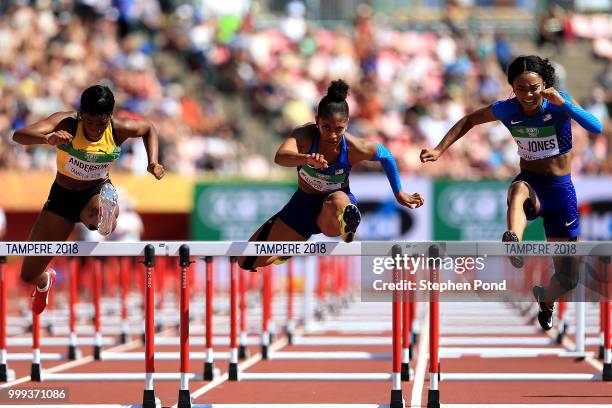 Tia Jones of The USA in action during the final of the women's 100m hurdles on day six of The IAAF World U20 Championships on July 15, 2018 in...