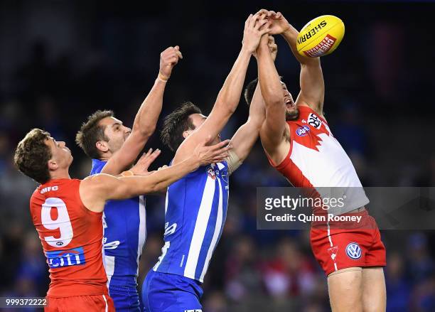 Nic Newman of the Swans marks during the round 17 AFL match between the North Melbourne Kangaroos and the Sydney Swans at Etihad Stadium on July 15,...