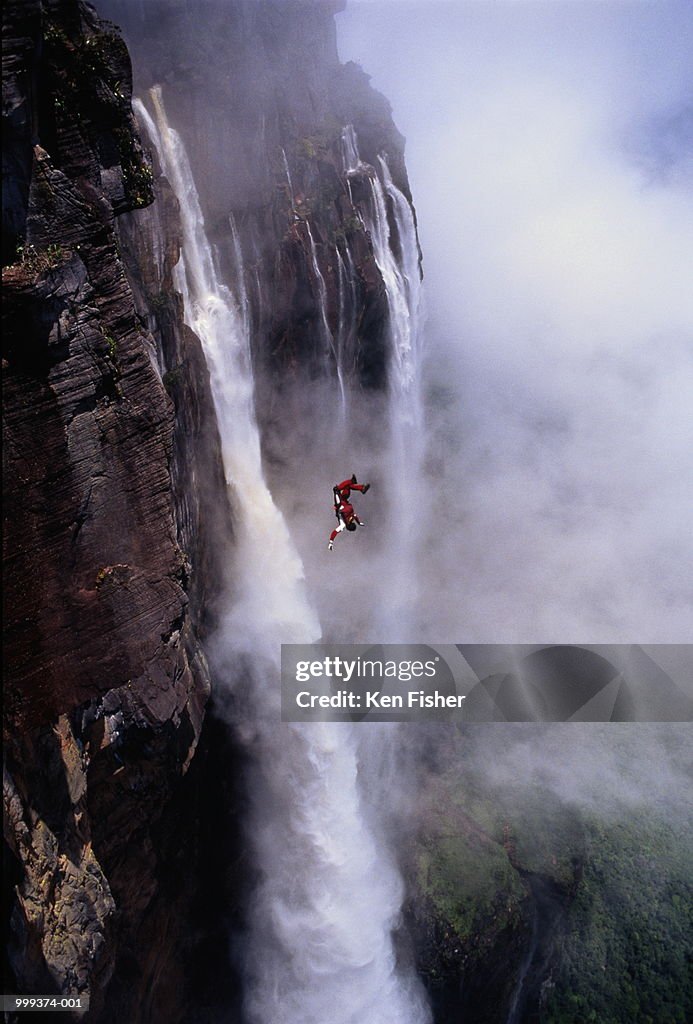 Man BASE jumping off Angel Falls, Venezuela