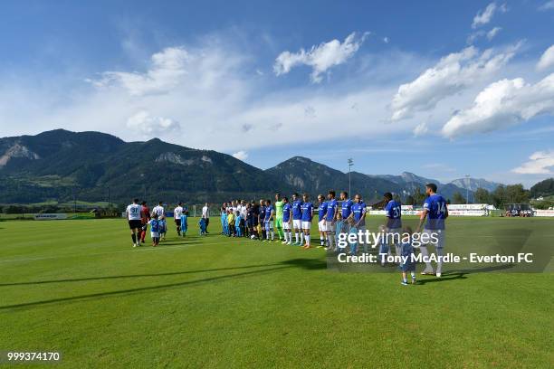 Both teams line up before the pre-season friendly match between ATV Irdning and Everton on July 14, 2018 in Liezen, Austria.