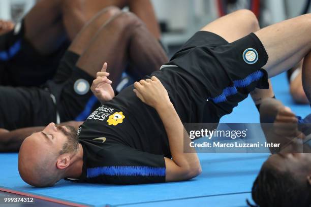 Borja Valero of FC Internazionale trains in the gym during the FC Internazionale training session at the club's training ground Suning Training...