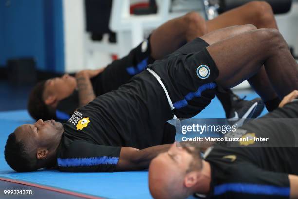 Kwadwo Asamoah of FC Internazionale trains in the gym during the FC Internazionale training session at the club's training ground Suning Training...