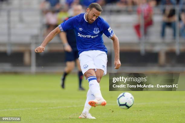 Cenk Tosun of Everton shoots to score during the pre-season friendly match between ATV Irdning and Everton on July 14, 2018 in Liezen, Austria.
