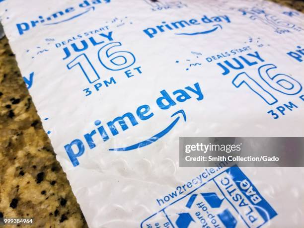 Close-up of Amazon Prime package advertising the Prime Day 2018 promotion, on a granite surface, San Ramon, California, July 13, 2018.