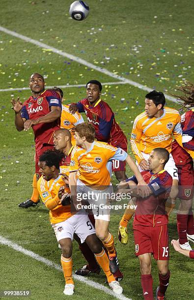 Alvaro Saborio of Real Salt Lake and Adrian Serioux of the Houston Dynamo battle for position on a corner kick during the second half of the MLS...