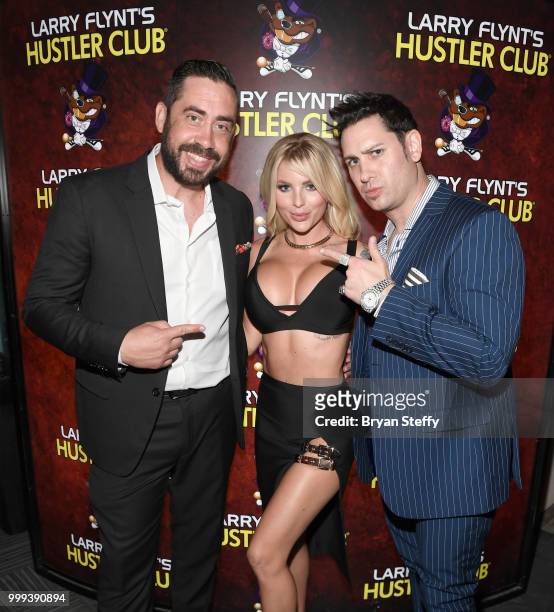 Larry Flynt's Hustler Club General Manager Ralph James, model Jessica Weaver and producer Dave Bryant attend Larry Flynt's Hustler Club Instagram...