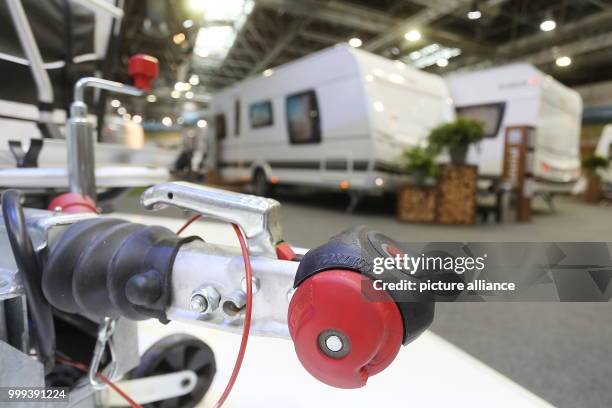 Trailer coupling can be seen in front of several caravans during the trade day of the "Caravan Salon" camping fair in Dusseldorf, Germany, 25 August...