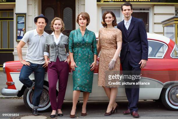 Actors Trystan Putter , Emilia Schule, Claudia Michelsen, Maria Ehrich and Sabin Tambrea standing together for a joint portrait on the set of the ZDF...