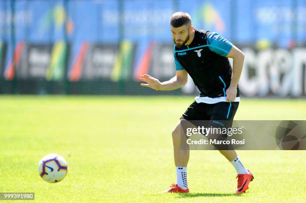 Valon Berisha of SS Lazio in action during the SS Lazio pre-season training camp on July 15, 2018 in Auronzo di Cadore nearBelluno, Italy.