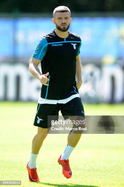 Valon Berisha of SS Lazio in action during the SS Lazio pre-season training camp on July 15, 2018 in Auronzo di Cadore nearBelluno, Italy.
