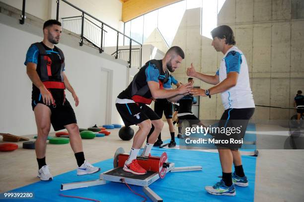 Valon Berisha of SS Lazio in action during the SS Lazio pre-season training camp on July 15, 2018 in Auronzo di Cadore nearBelluno, Italy.