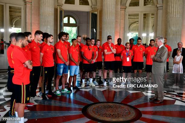 King Philippe - Filip of Belgium delivers a speech to players at the Royal castle in Laken/Laeken, as Belgian national football team Red Devils are...