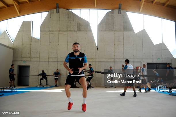 Valon Berisha of SS Lazio in action during the SS Lazio pre-season training camp on July 15, 2018 in Auronzo di Cadore nearBelluno, Italy.