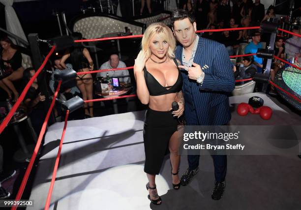 Model Jessica Weaver and producer Dave Bryant attend Larry Flynt's Hustler Club Instagram party at Larry Flynt's Hustler Club on July 15, 2018 in Las...