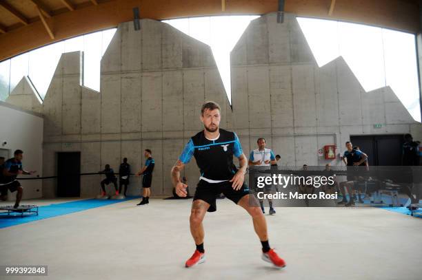 Francesco Acerbi of SS Lazio in action during the SS Lazio pre-season training camp on July 15, 2018 in Auronzo di Cadore nearBelluno, Italy.