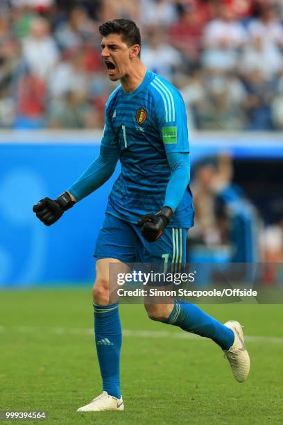 Belgium goalkeeper Thibaut Courtois celebrates their 2nd goal during the 2018 FIFA World Cup Russia 3rd Place Playoff match between Belgium and...