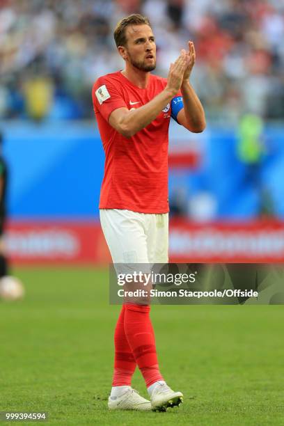 Harry Kane of England applauds the support after the 2018 FIFA World Cup Russia 3rd Place Playoff match between Belgium and England at Saint...