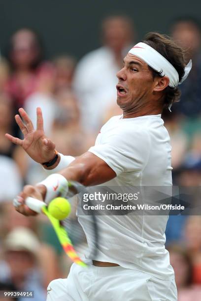 Mens Singles, Semi-Final - Rafael Nadal v Novak Djokovic - Rafael Nadal at All England Lawn Tennis and Croquet Club on July 14, 2018 in London,...
