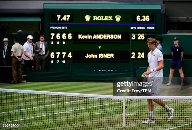 Kevin Anderson of South Africa celebrates his victory over John Isner of the United States in the semi final of the gentlemen's singles at the All...