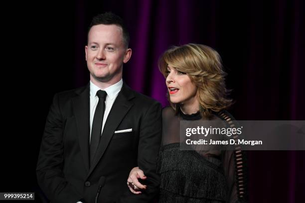 Kelley Abbey and Matt Lee on stage to present an award at the 18th Annual Helpmann Awards Curtain Raiser on July 15, 2018 in Sydney, Australia. Held...