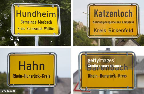 Combination of plates have different town names written on them: Hundheim , Katzenloch , Baerenbach and Hahn in Baerenbach, Germany, 25 August 2017....