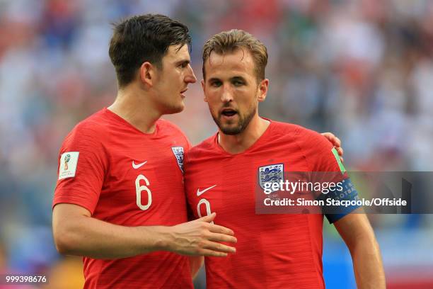 Harry Maguire of England and Harry Kane of England react after the 2018 FIFA World Cup Russia 3rd Place Playoff match between Belgium and England at...