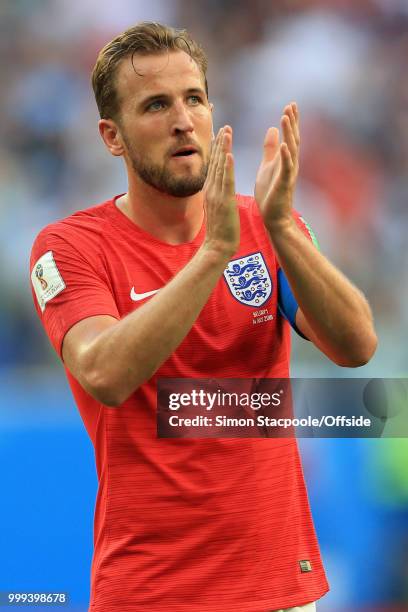 Harry Kane of England applauds the support after the 2018 FIFA World Cup Russia 3rd Place Playoff match between Belgium and England at Saint...