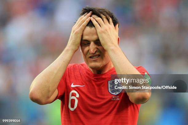Harry Maguire of England looks dejected during the 2018 FIFA World Cup Russia 3rd Place Playoff match between Belgium and England at Saint Petersburg...
