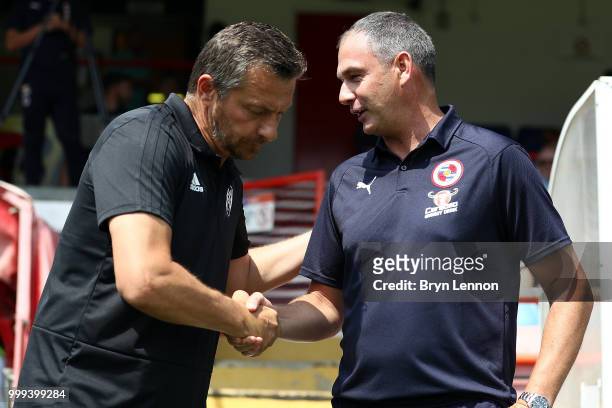 Fulham Manager Slavisa Jokanovic chats to Reading Manager Paul Clement ahead of the pre-season friendly between Reading and Fulham at the EBB Stadium...