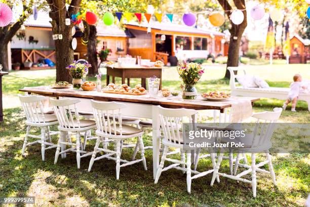 table set for a garden party or celebration outside. - jozef polc stock pictures, royalty-free photos & images