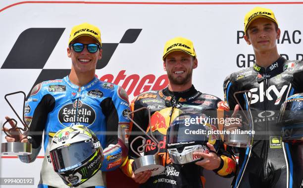 July 2017, Germany, Hohenstein-Ernstthal: German motorcycle Grand Prix, Moto2 at the Sachsenring: Brad Binder wins ahead of Joan Mir and Luca Marini...