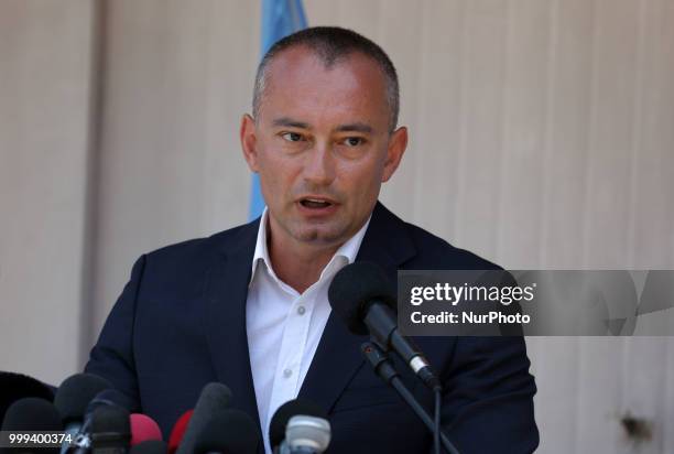 United Nations Special Coordinator for the Middle East Peace Process Nickolay Mladenov, attends a press conference at the offices in Gaza City, on...