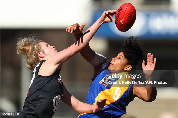 Rachel Achampong of the Seagulls competes for the ball during the round 10 VFLW match between Carlton Blues and Williamstown Seagulls at Ikon Park on...