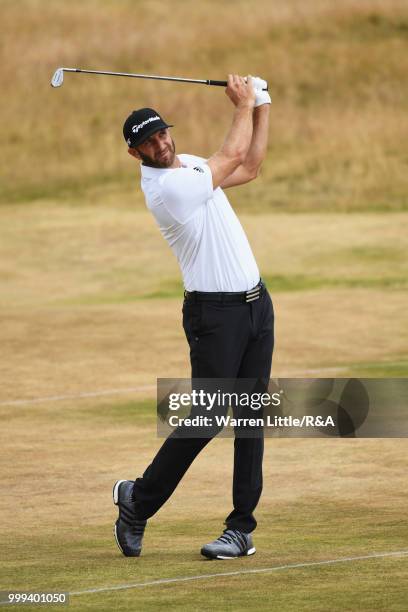 Dustin Johnson of the United States seen while practicing during previews to the 147th Open Championship at Carnoustie Golf Club on July 15, 2018 in...